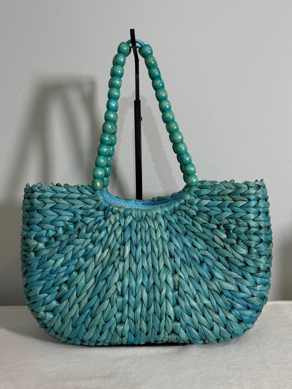 Sun 'n' Sand Turquoise Woven Straw Shoulder Tote Bag Blue Beaded Top Handle